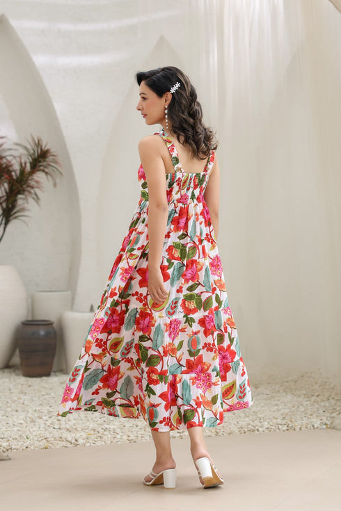 Floral Printed Pure Cotton Fit & Flare Midi Ethnic Dresses